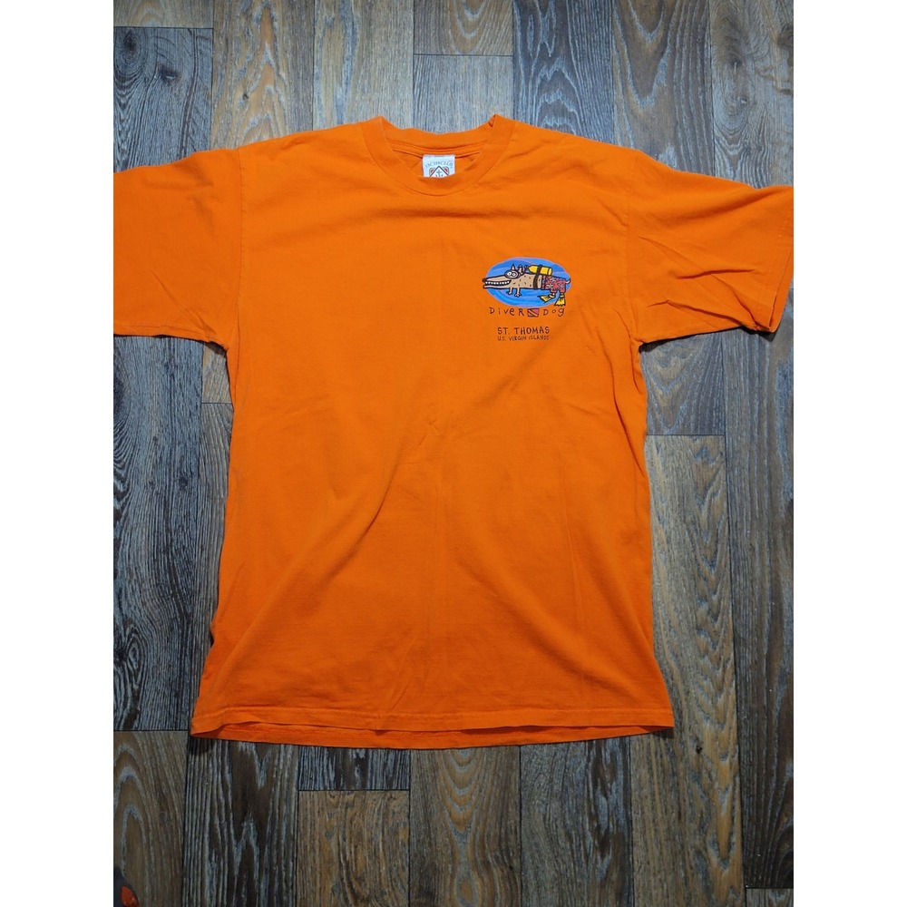 Vintage Yacht Club Diver Dog St Thomas US Virgin Islands Orange T-Shirt Mens L